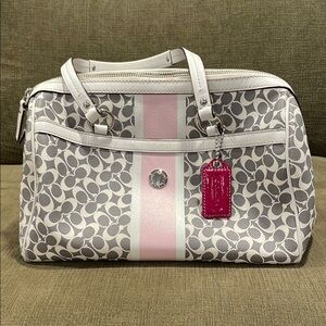 Coach Signature Stripe Satchel - Gray and Pink